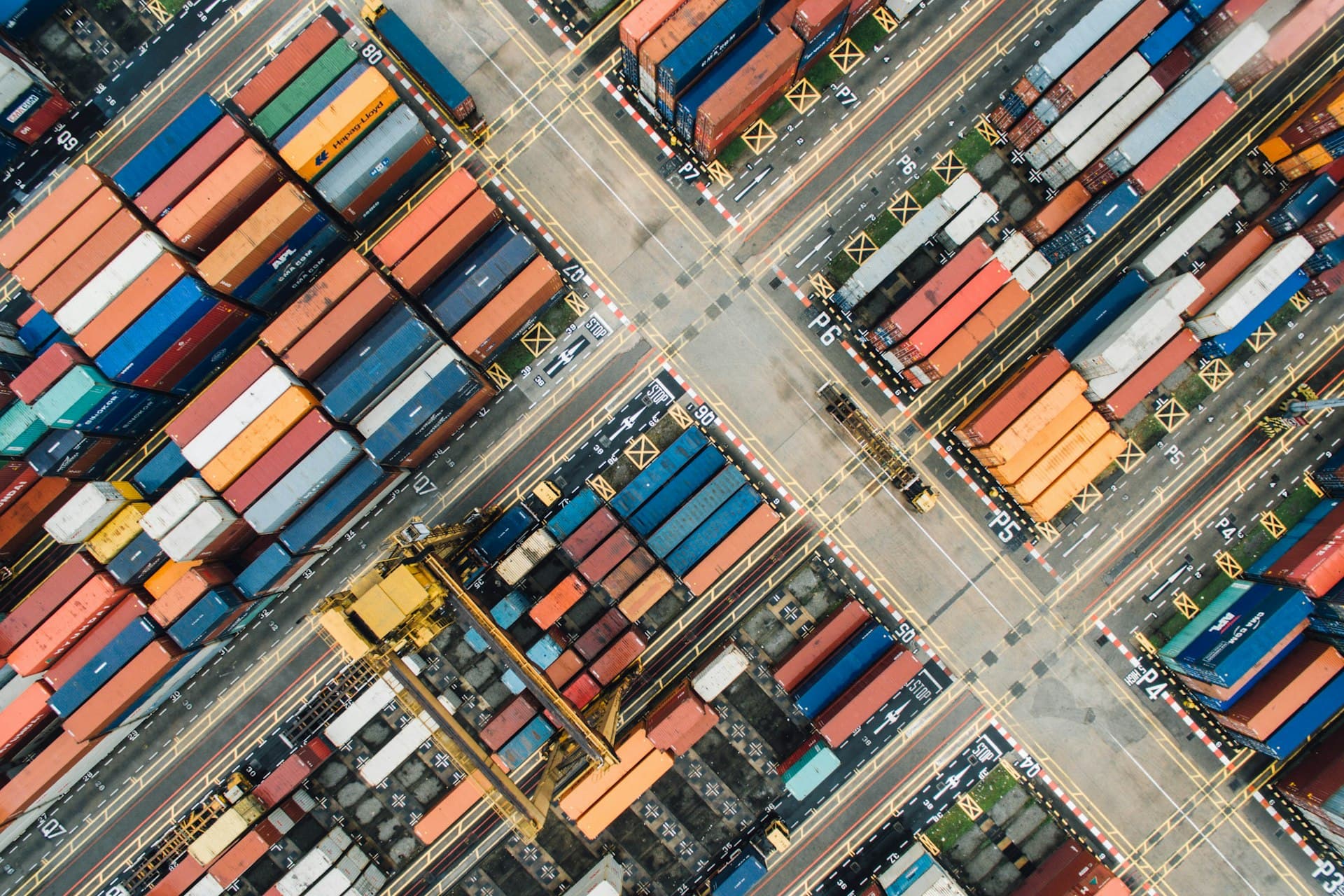 Top-down aerial of a container terminal grid