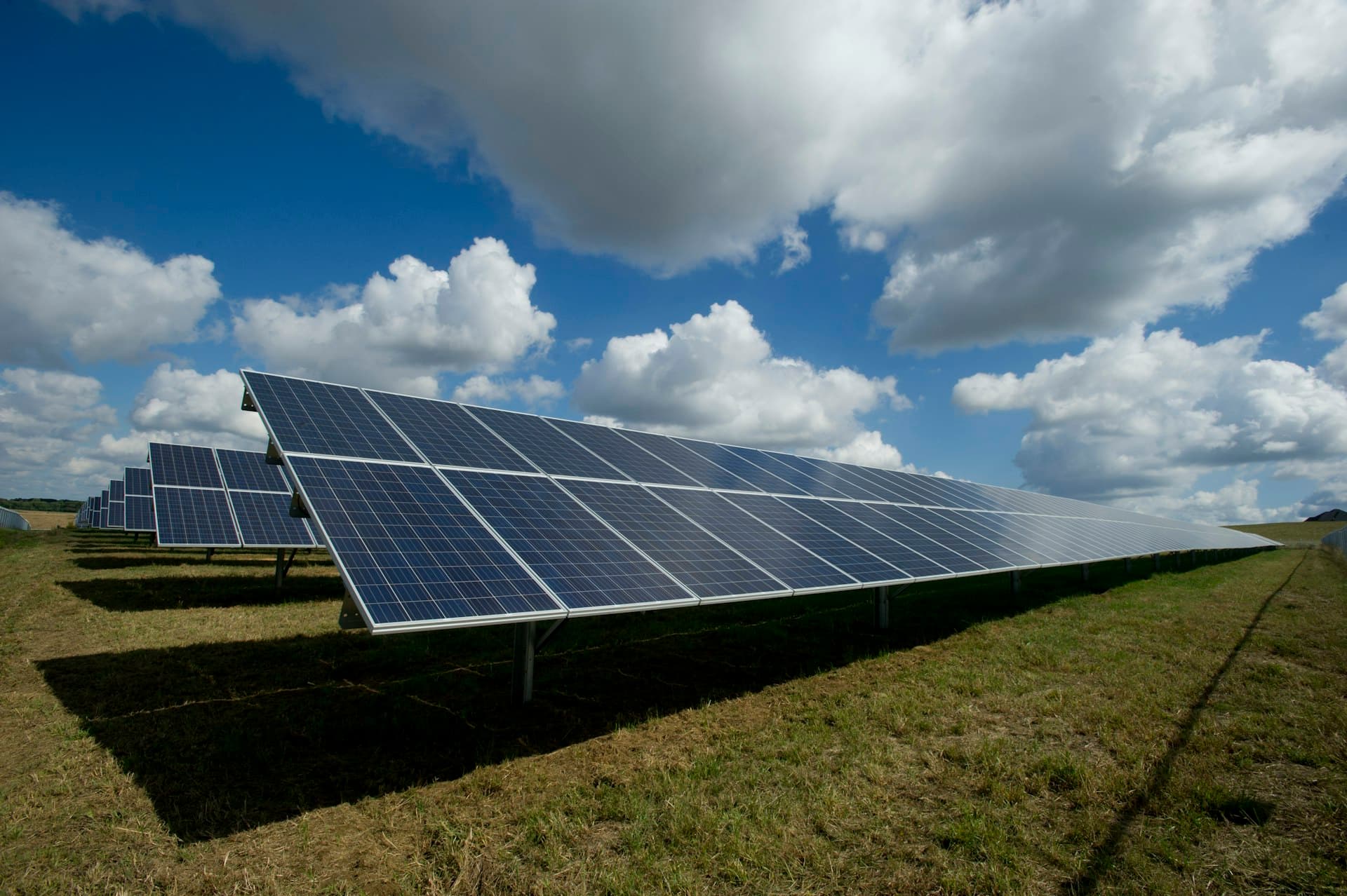Rows of solar panels under a clear sky