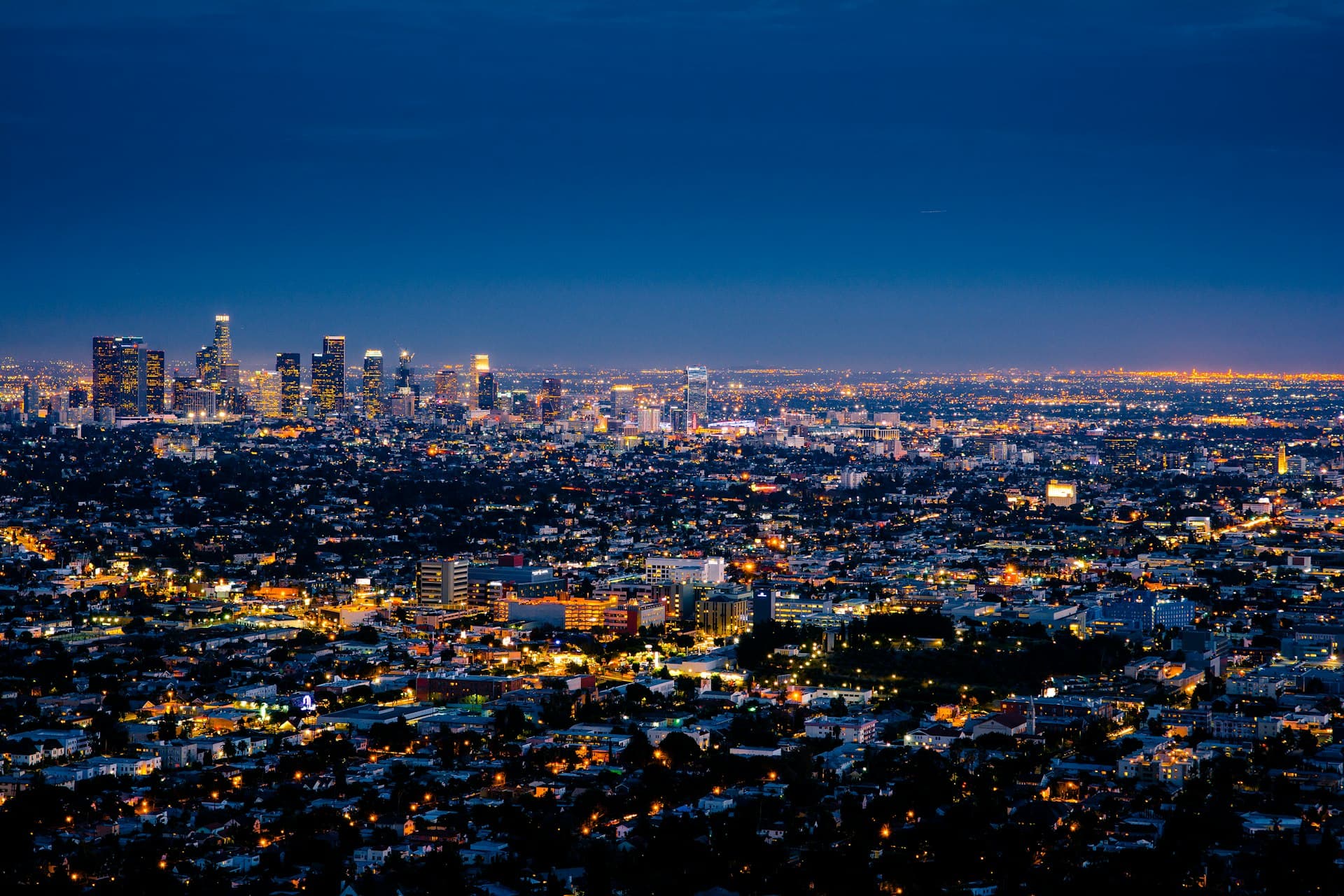 Wide aerial city lights at night