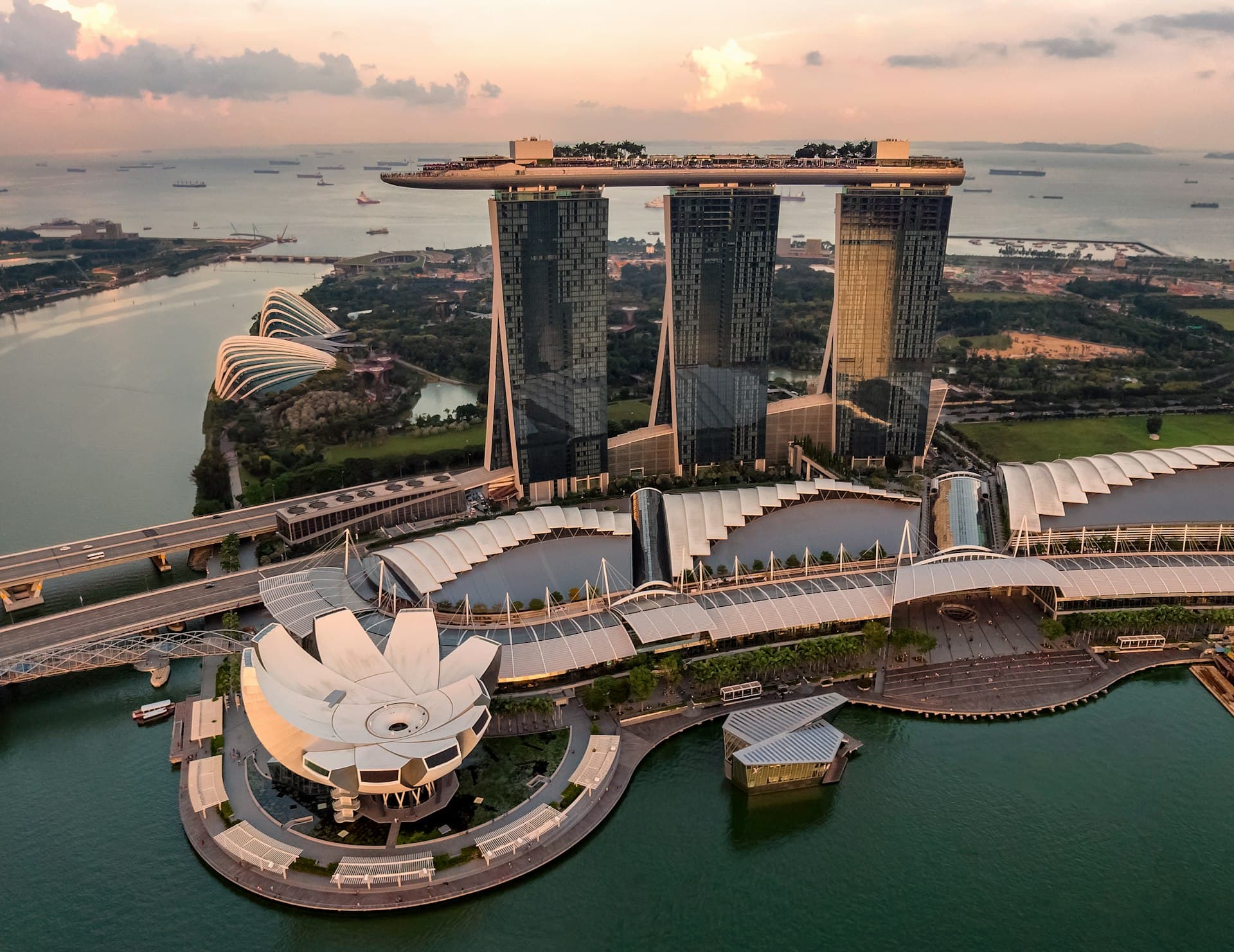 Singapore Marina Bay smart-city skyline at golden hour